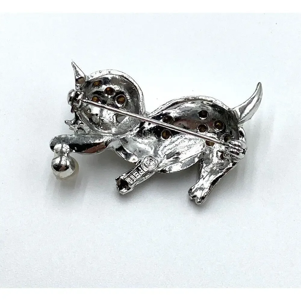 PELL Vintage Brooch Cat Playing Ball Crystals Silver Tone Green Eyes Faux Pearl